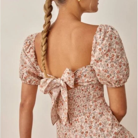 BEST Reformation Denver Linen Midi Dress - Fairy Beige Orange Floral Wedding Par - Picture 3 of 9